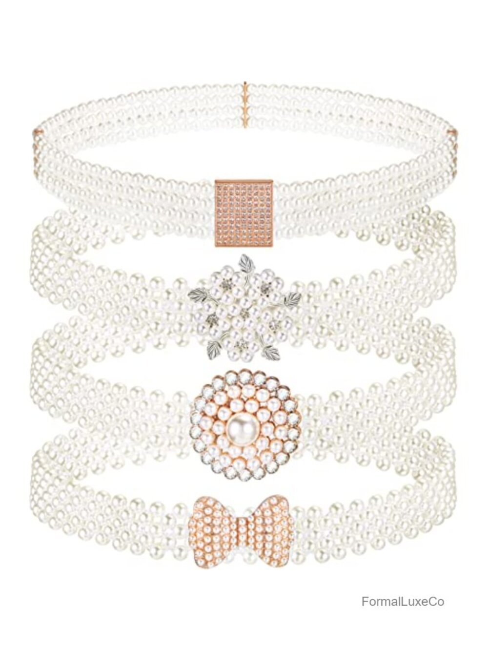 4 Pc Elastic Pearl Belts for Women Wedding Dress Rhinestone Bridal Waist Belt